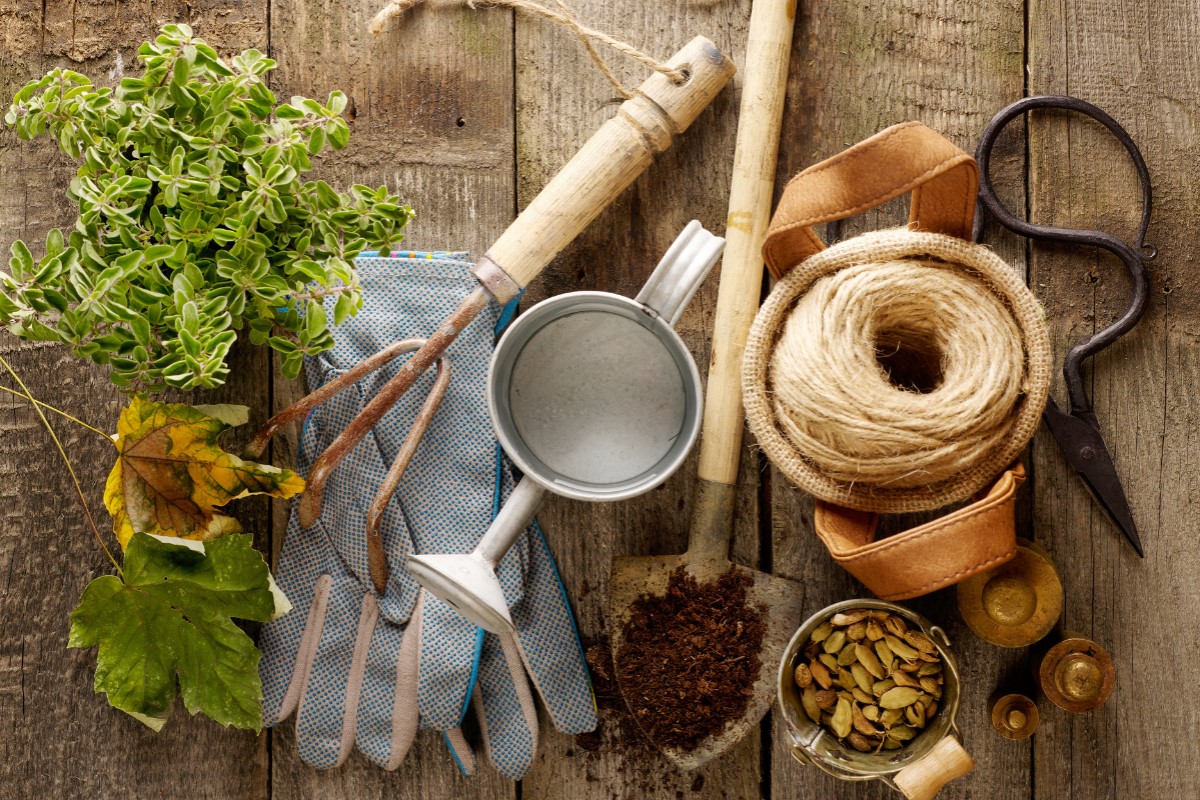 Gardening tools and materials including gloves, a trowel, a watering can, twine, and a small plant arranged on a rustic wooden surface.