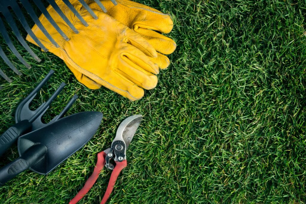 Yellow gardening gloves, pruning shears, and small hand tools laid out on green grass with a garden rake partially visible.