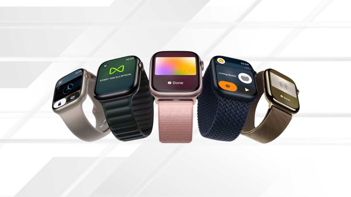 A lineup of five smartwatches with various strap styles and colors, each displaying different apps on their screens, set against a sleek, geometric background.