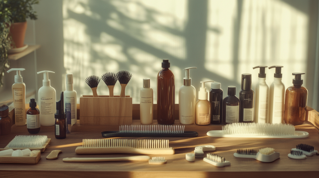 A beautifully arranged collection of grooming products and brushes displayed on a wooden counter, illuminated by soft, natural light.
