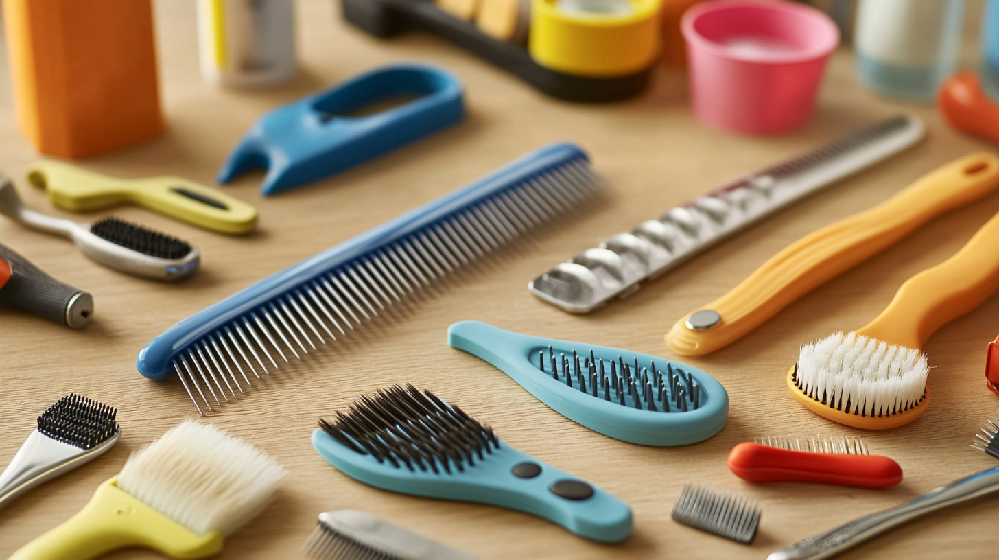 An assortment of colorful pet grooming tools, including brushes, combs, and trimmers, neatly arranged on a wooden surface.