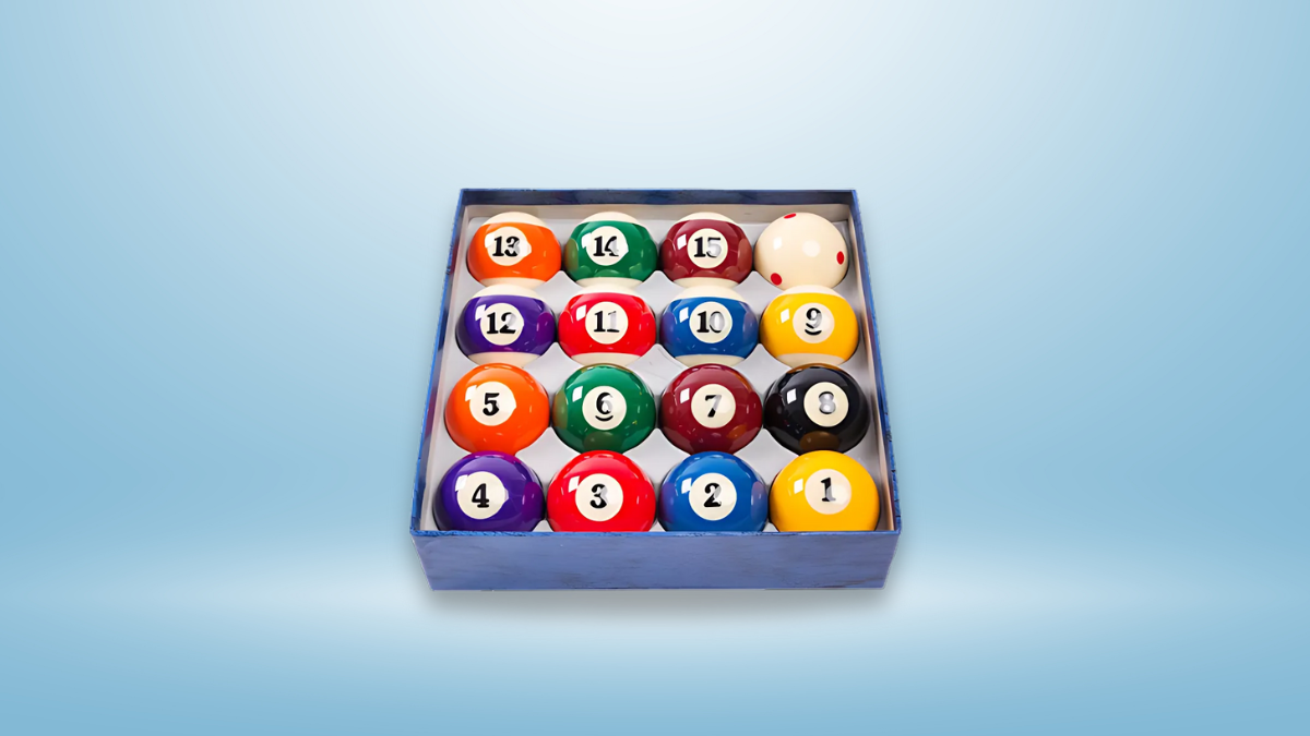 This image displays a neatly arranged set of pool balls in a square box against a clean, light blue background.