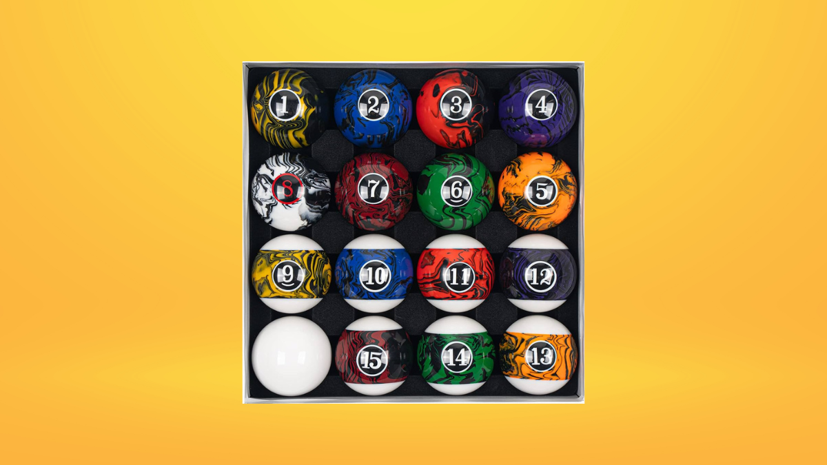 This image showcases a vibrant set of billiard balls arranged neatly in a square box.