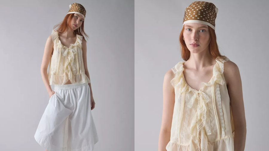 Kimchi Blue Cassie Cascading Ruffle Lace Trim Sleeveless Blouse