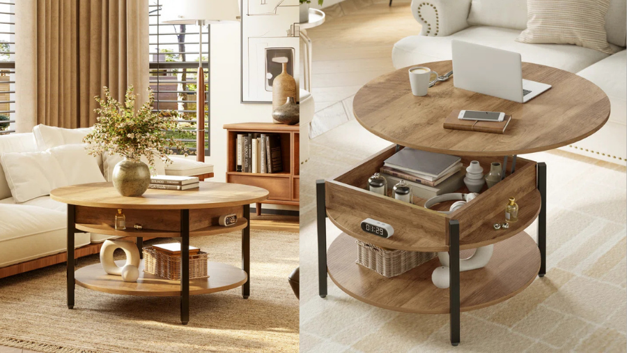 Wynny 27W Round Lift-Top Wood Coffee Table with Storage: The Perfect Space-Saving Solution