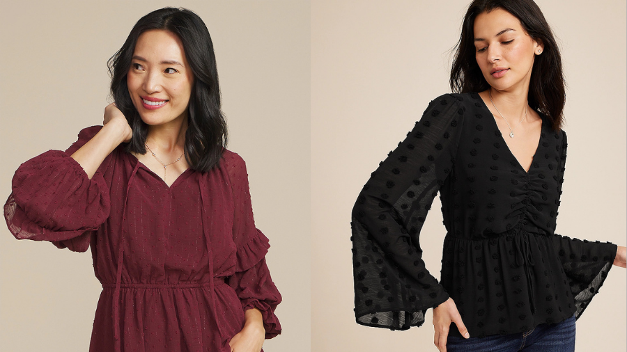 Clip Dot Long Sleeve Peplum Blouse from Maurices