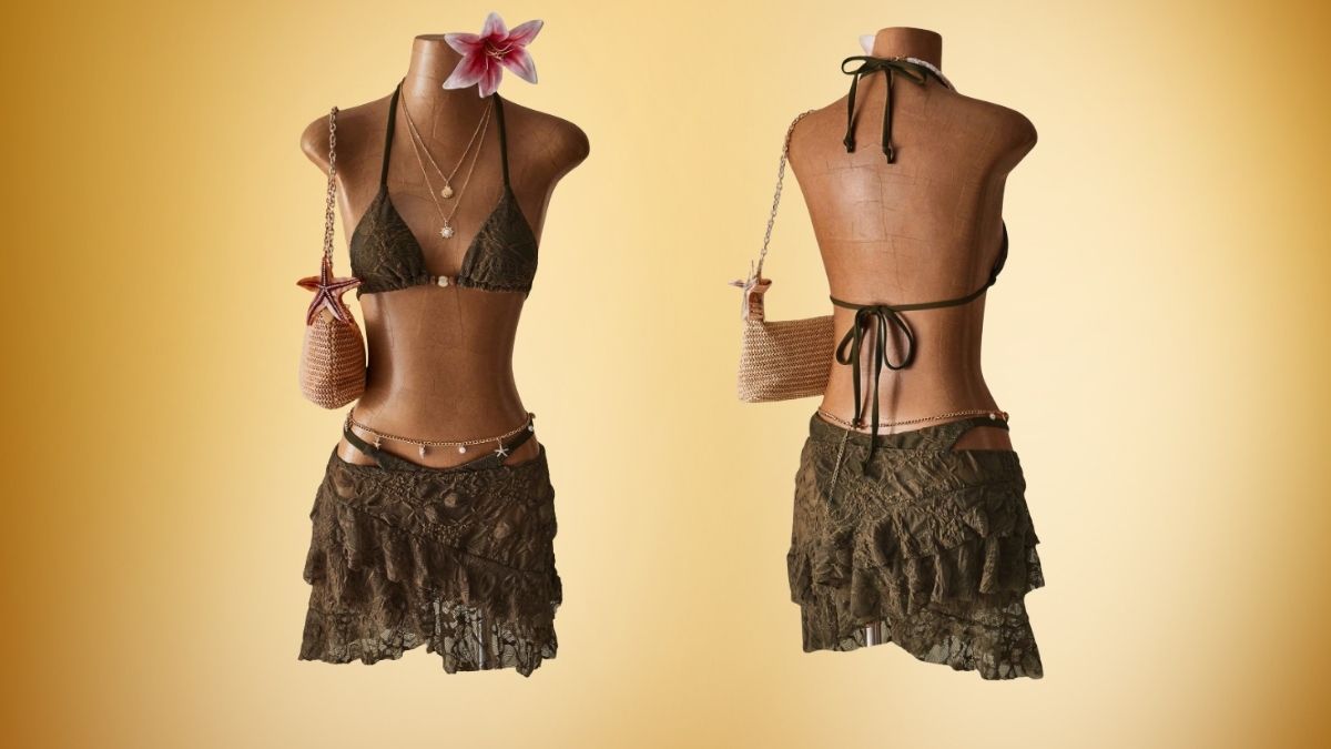 SHEIN ICON 2pcs Women Beach Holiday Lace Backless Halter Bra & Brief Bikini Set