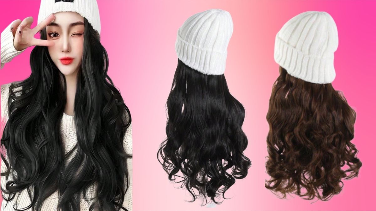 Knitted Hat Wig: White Beanie with 18-Inch Body Wave Synthetic Hair (Black/Brown)