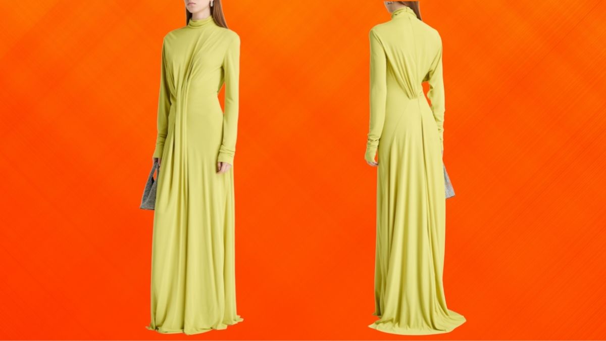 Victoria Beckham Pleated Crepe Turtleneck Gown: Modern Elegance with Intent