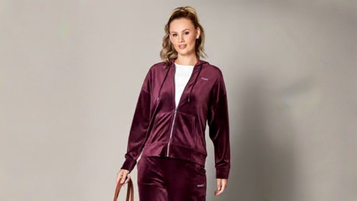 Luxury Meets Comfort: Women’s DKNY Sport Velour Full Zip Rhinestone Logo Sweatshirt