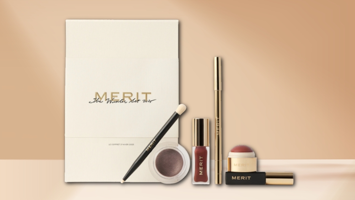 MERIT The Winter Set 2025 clean beauty collection featuring minimalist makeup essentials — blush balm, lip tint, eye pencil, and highlighter — displayed with elegant gold and beige packaging