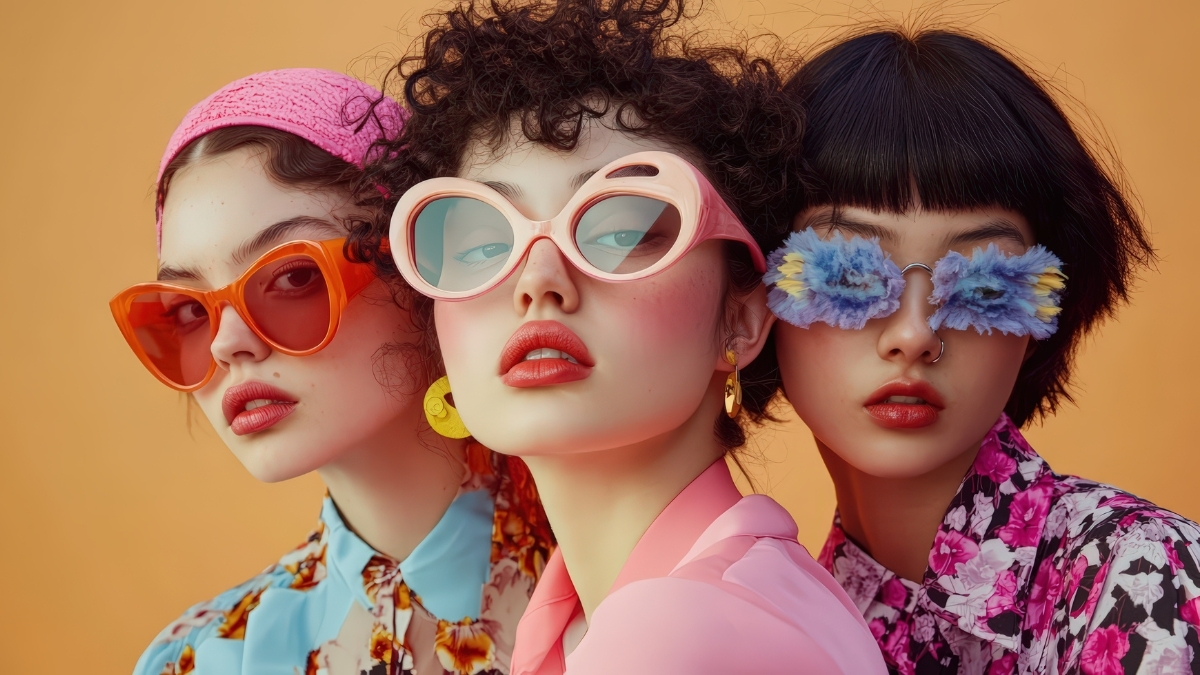 Three stylish young women wearing bold, colorful sunglasses and trendy outfits, showcasing playful fashion and accessories inspired by The Ultimate Guide to Claire’s Accessories.