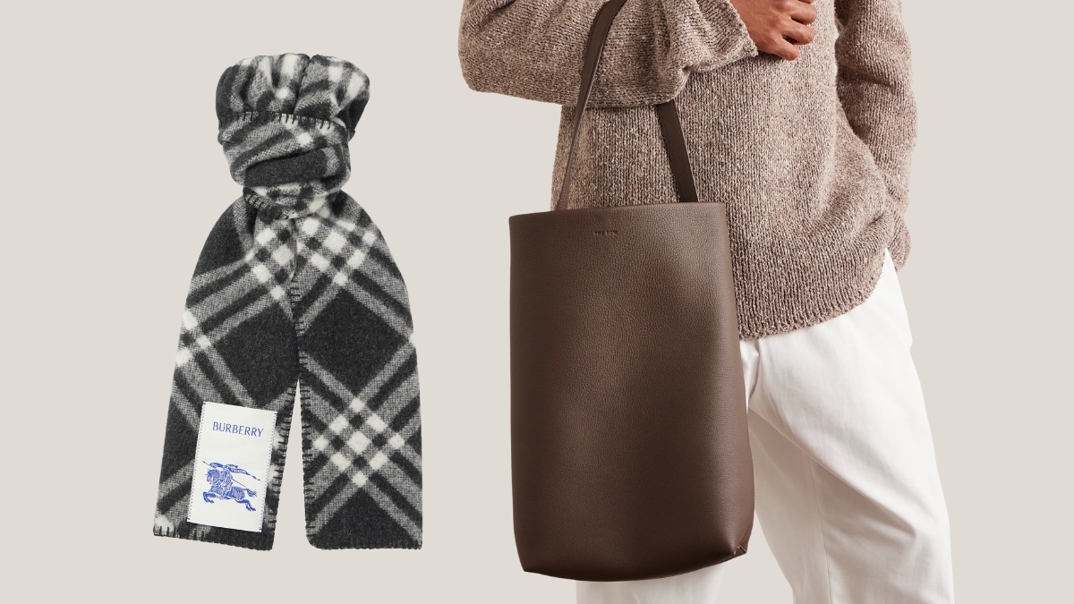Burberry checked wool scarf and minimalist brown leather tote bag styled with a neutral sweater and white pants, showcasing luxury men's accessories.