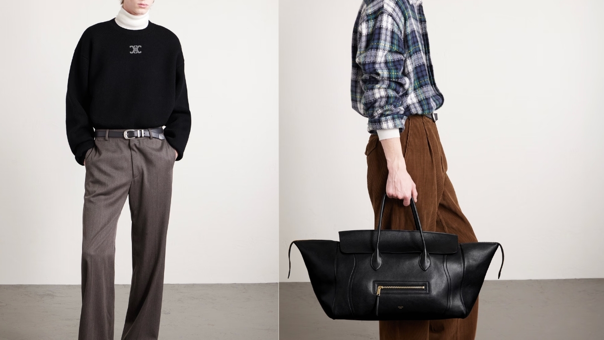 CELINE Spring/Summer 2026 fashion pieces showcased at Mr Porter, featuring a black logo sweater with tailored trousers and a plaid overshirt paired with brown corduroy pants, highlighting Michael Rider’s debut collection and the revived black Luggage tote bag
