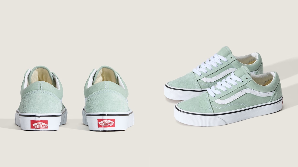 Mint green Vans Old Skool Shoes displayed from front and back angles, featuring suede uppers, white Sidestripe, white laces, and classic waffle soles.