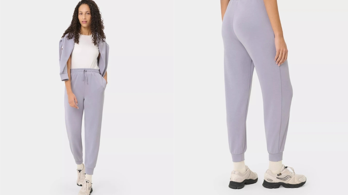 Woman wearing light purple joggers and matching jacket styled with a white top and sneakers, showing front and back views of the cozy athleisure sweatpants.