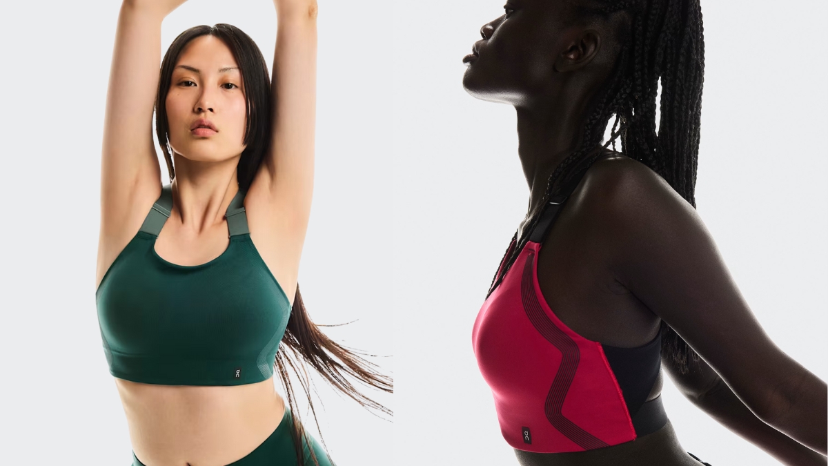 On Performance Flex Bra shown in green and red colorways on models in athletic poses against a light background.