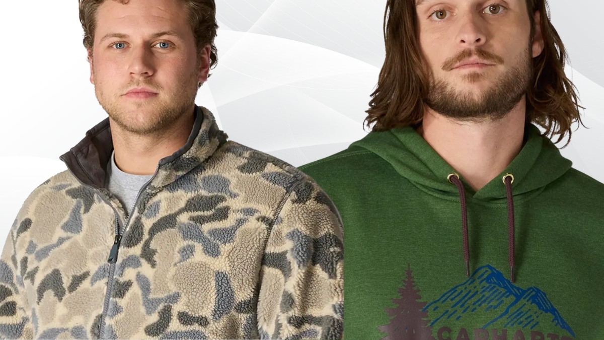 Two men wearing Carhartt holiday gear, including a camo sherpa fleece and a green graphic hoodie, shown side by side against a light background.