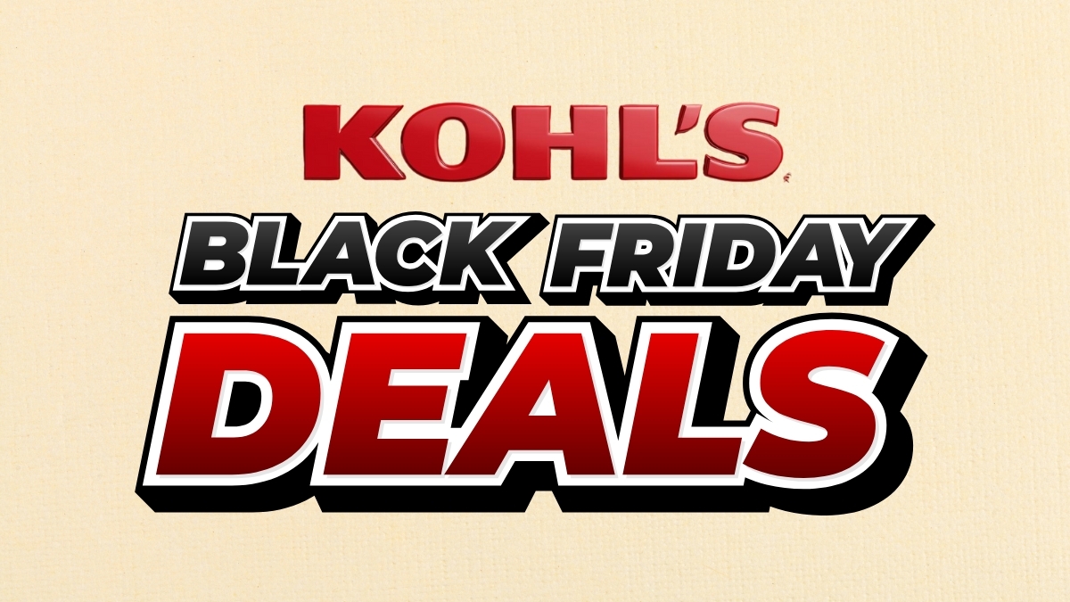 Promotional graphic for Kohl’s Black Friday Deals featuring bold red and black text highlighting major holiday discounts