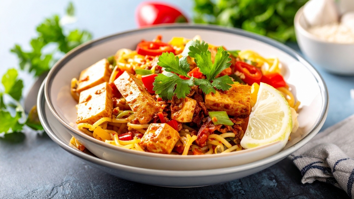 Plant-based noodle bowl with tofu, red peppers, fresh herbs, and a lemon wedge served in a white bowl.