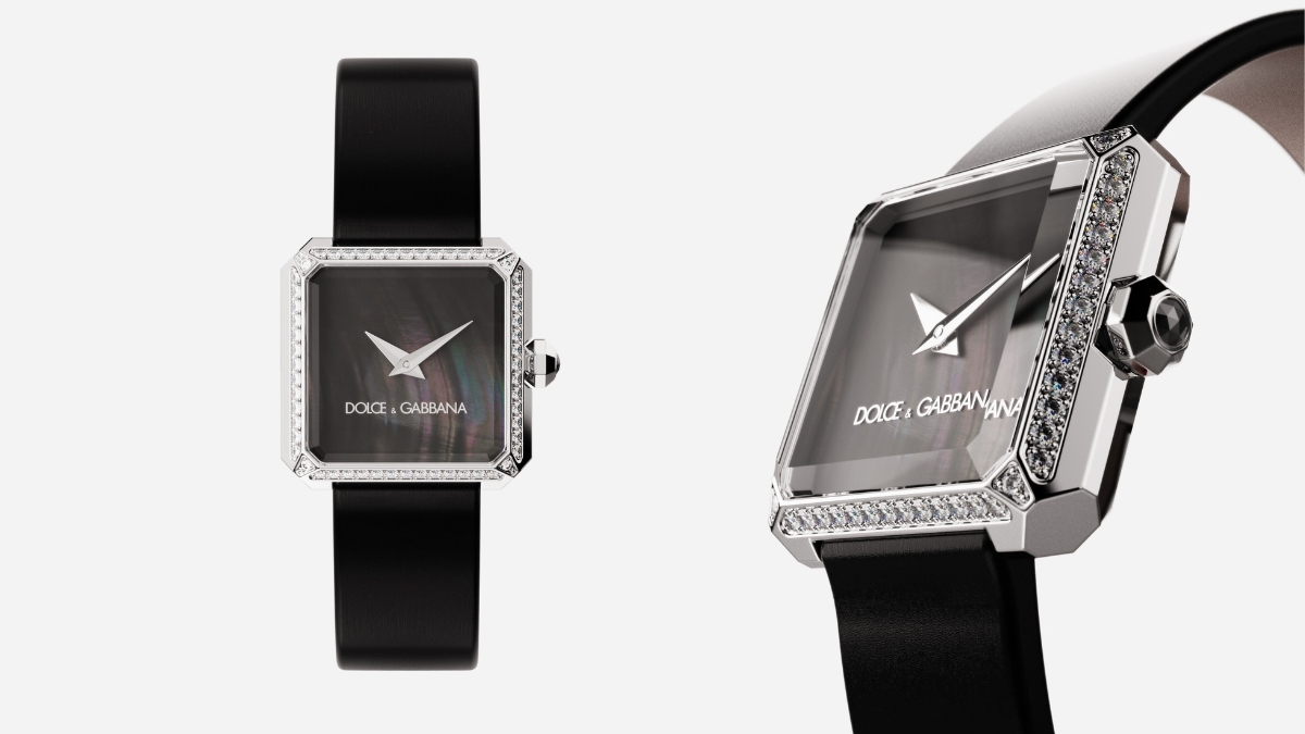 Dolce & Gabbana Sofia Steel Watch with Diamonds featuring a square stainless-steel case, diamond-set bezel, black mother-of-pearl dial, and black satin strap shown in front and angled views.