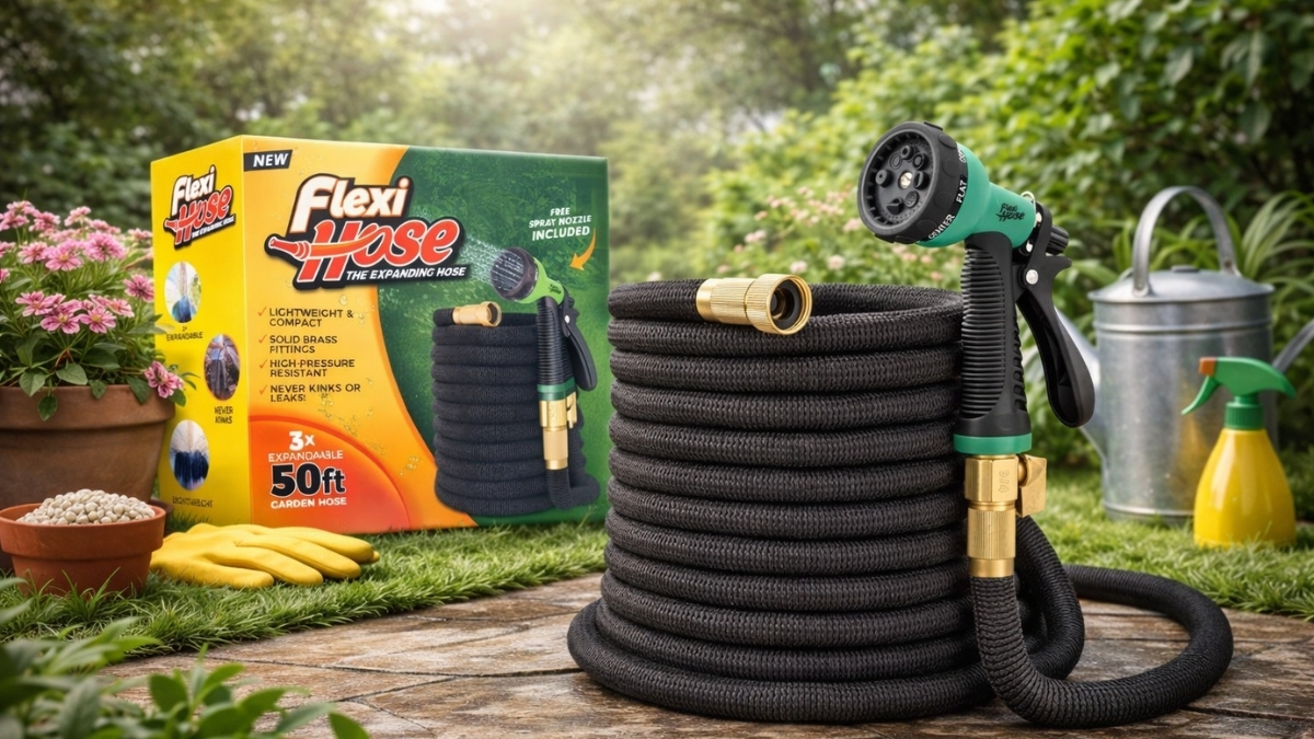 Flexi Hose Expandable Garden Hose coiled with spray nozzle in backyard garden setting
